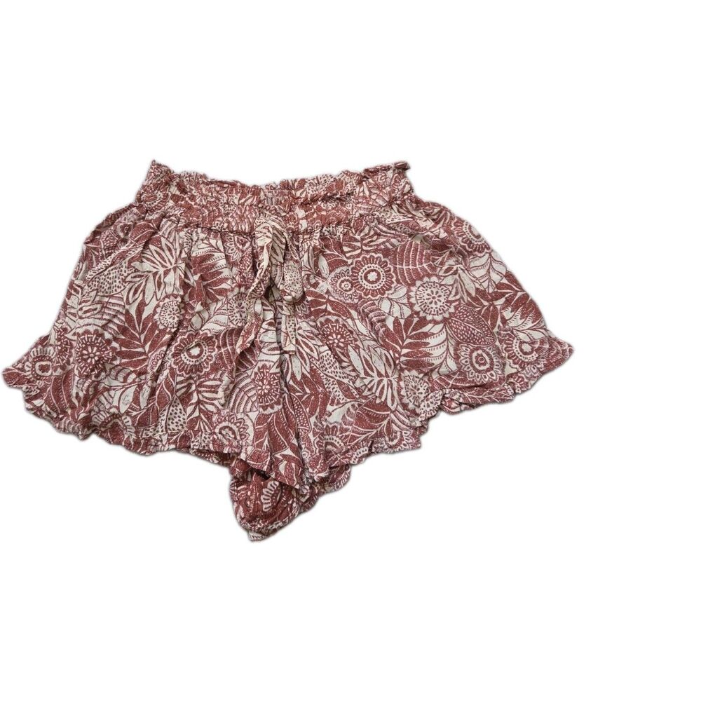 Angie Womens Floral Ruffle Shorts Sz S Rust Cream Boho High Rise Drawstring EUC